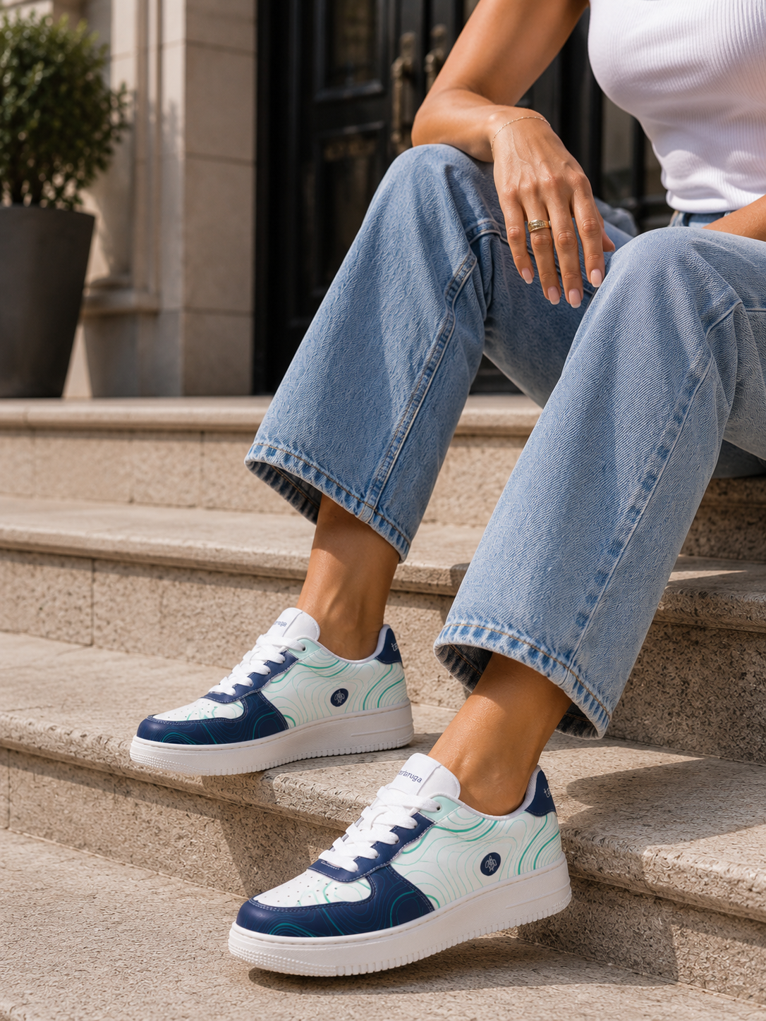 Tartaruga Unisex Sneakers | White & Blue Trainers | Comfortable Streetwear Shoes | Unique Pattern Design | Everyday Fashion