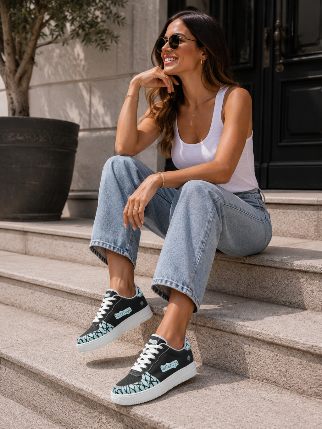 Tartaruga Unisex Sneakers Black & Aqua | Tartaruga Designer Trainers | Streetwear Shoes | Unique Graphic Casual Footwear